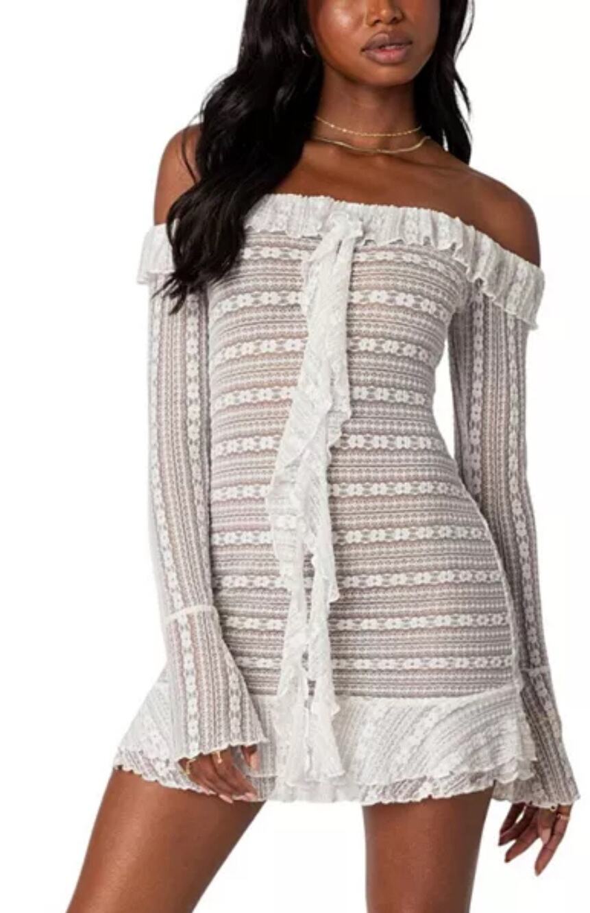 Edikted Textured Sheer Lace Mini Dress In White Size L